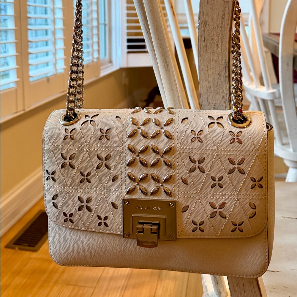 Michael Kors Cream/White Saffiano Leather Studded Chain Shoulder Bag Laser Cut